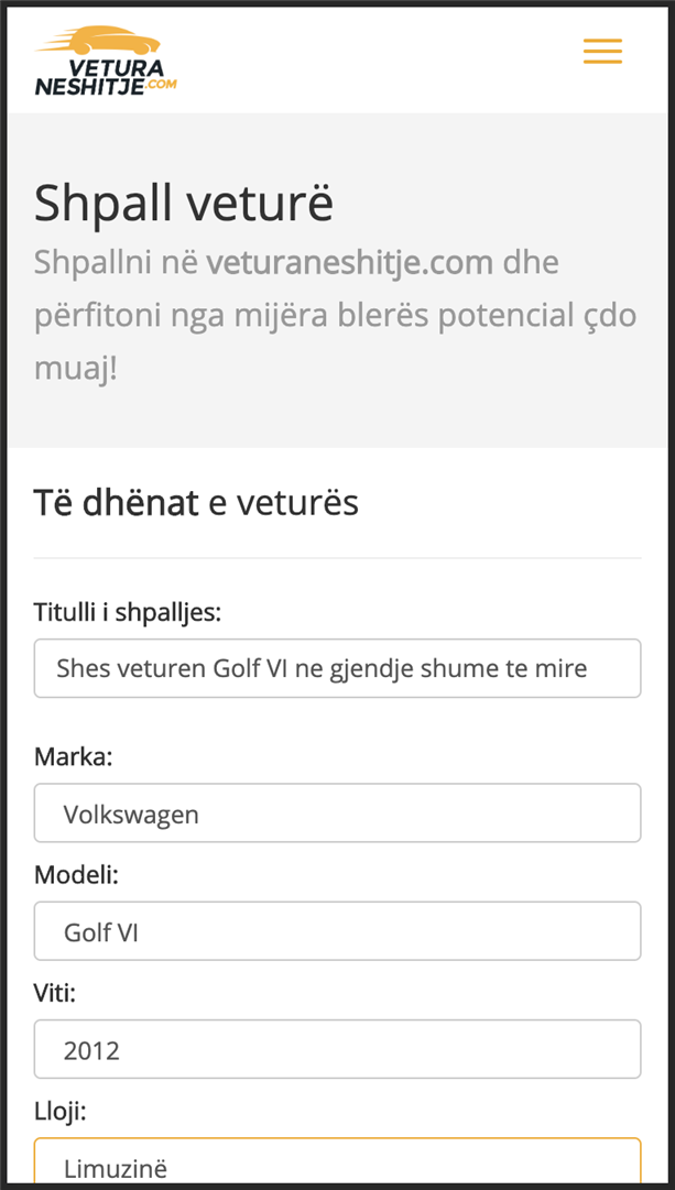 Detajet e vetures Detajet e shpalljes